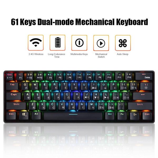 

2.4g wireless dual-mode english&russian keyboards 61 keys game keyboard usb with rgb light effect red/blue switches for computer