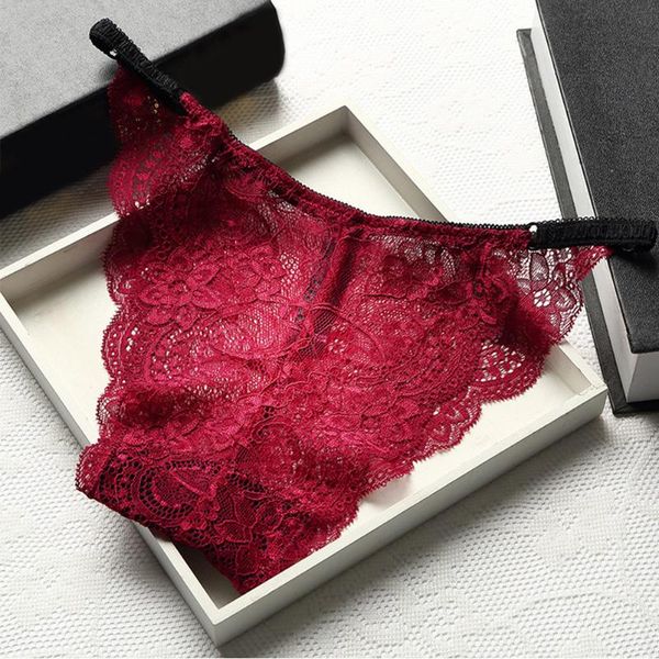 

women's panties elastic triangle soft solid lace crochet perspective summer low waist girls women underwear, Black;pink