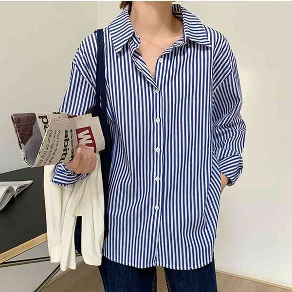

women's blouses & shirts spring new female blue white vertical striped shirt design all-match korean casual long-sleeved 0e0g