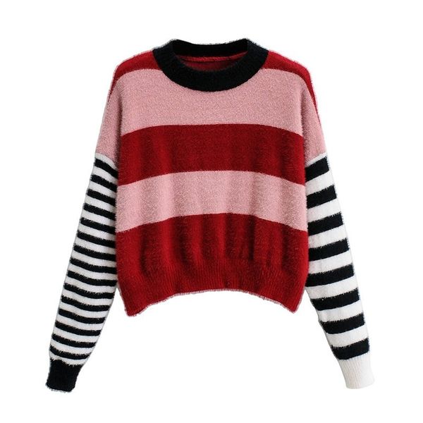 

women vintage streetwear sweater fashion spring autumn slim stripe pullver crop sweaters ladies korean casual chic knitted 210602, White;black