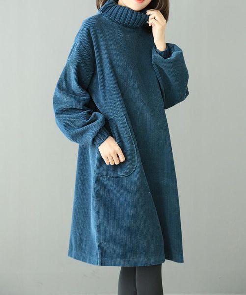 

winter dress women retro loose corduroy fleece warm ladies turtleneck all-match casual dresses, Black;gray
