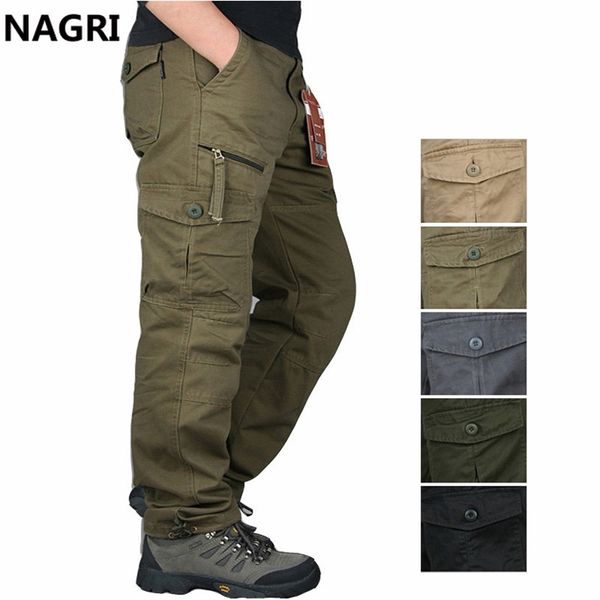 Calças de carga homens outwear multi bolso tático militar militar exército retas calças macacões Zipper 210715