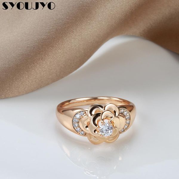 

wedding rings syoujyo sparkling crystal flower women's ring 585 rose gold with natural zircon bride vintage jewelry, Slivery;golden