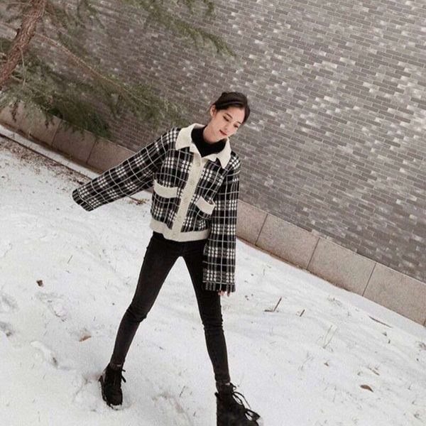 

women's jackets coats ouyang nana same autumn winter black and white check small fragrance knitting cardigan versatile jacket qk40, Black;brown