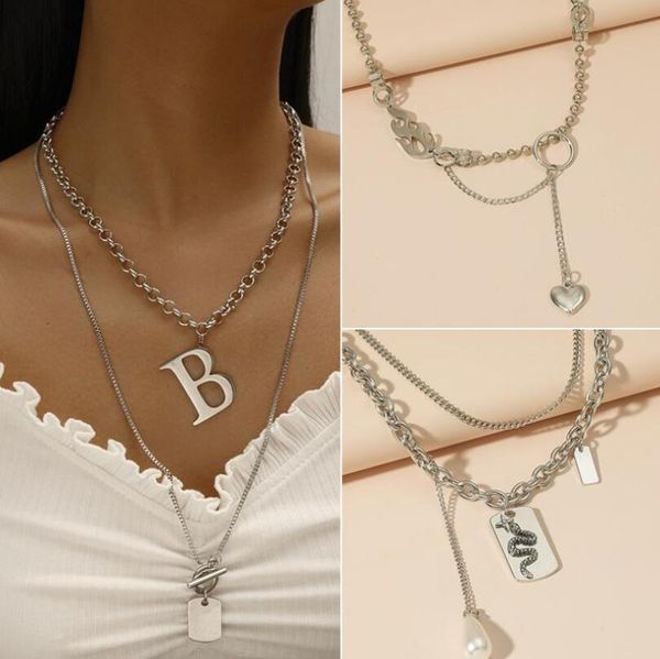 

vintage hip hop double irregular pearl lock chains necklace 2021 geometric aangel pendant love necklaces for women punk jewelry, Silver