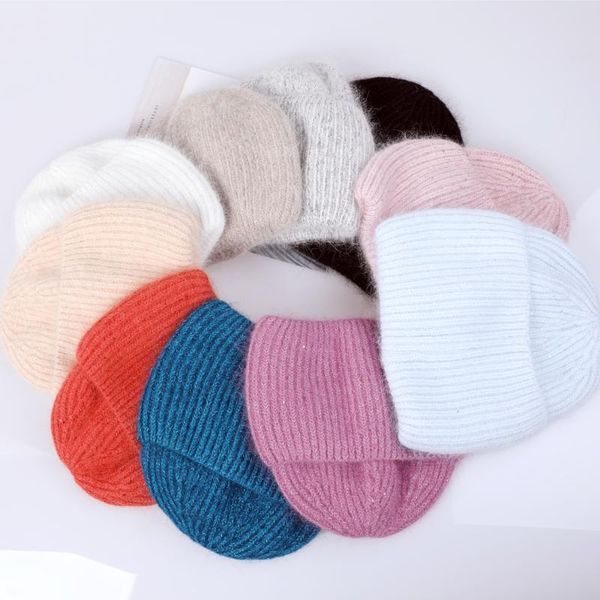 

beanie/skull caps autumn winter hair hat warm beanies hats casual women solid cashmere knitted beanie with bright wire, Blue;gray