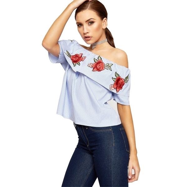 

women striped print summer blouse off shoulder ruffles hem rose embroidery short sleeve blouses shirts cute blusas 210520, White