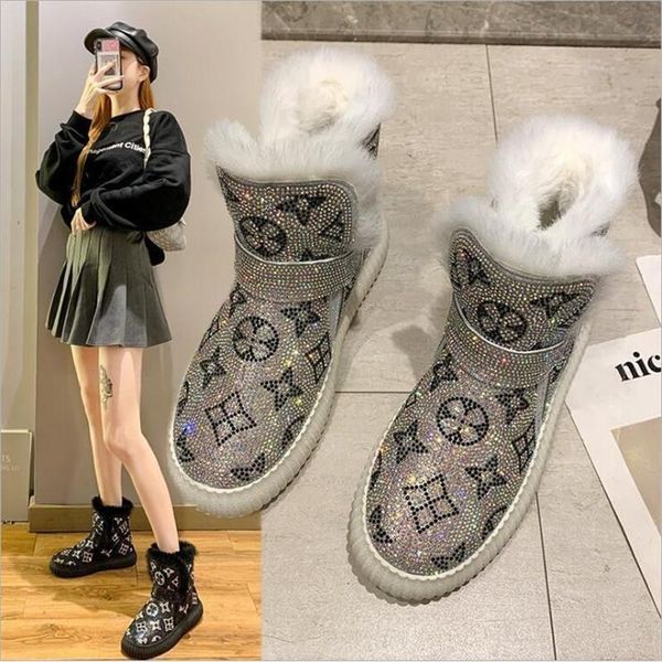 

boots women winter luxury designer warm snow girl's fashion mid-calf female outdoor geometry flat diamond, Black