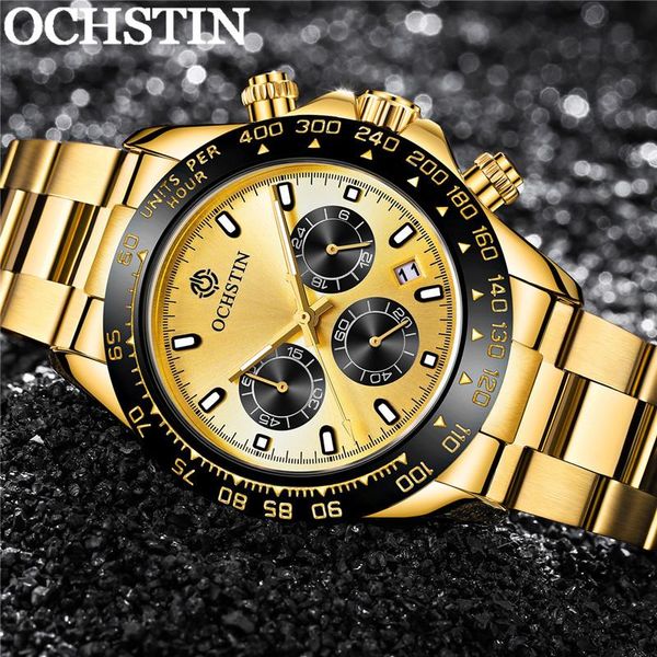 

wristwatches ochstin man wristwatch chronograph auto date sport men watch military army gold stainless steel male clock 610, Slivery;brown