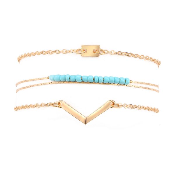 

3-piece set bracelet bohemian blue bead alloy v-shaped bracelet headwear, Silver