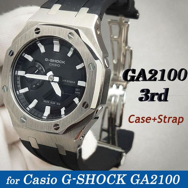 

watch bands for ga2100 3rd update silicone band mental bezel refit ga-2100 ga-2110 resin strap stainless steel case butterfly buckle, Black;brown
