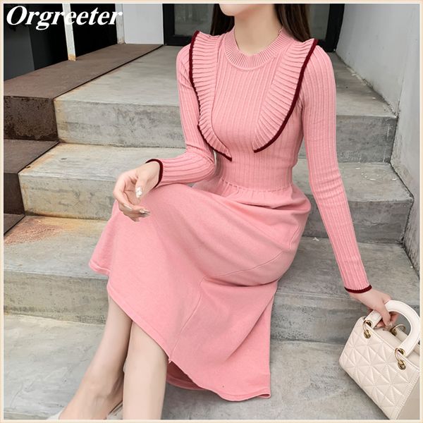 

sweet pink knitted midi dress elegant lady o-neck long sleeve striped ruffled patchwork a-line sweater 210525, Black;gray