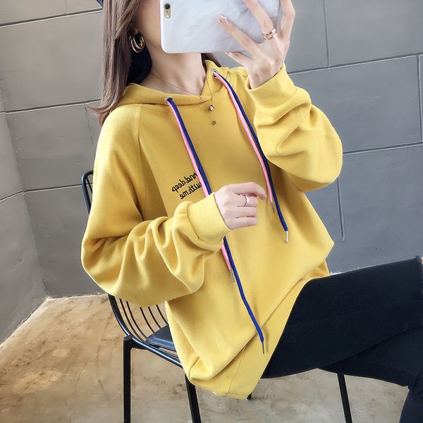 

hoodies autumn korean version loose large size fat mm wild hooded embroidery letter coat thin long-sleeved sweater, Black