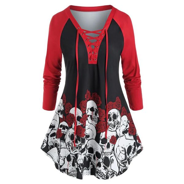 

plus size t-shirt 5xl halloween skull print long-sleeved 2021 autumn v neck women long outerwears bandage streetwear