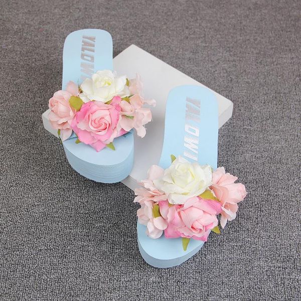 

slippers 2021 summer handmade large peony flower casual flip flops online 11cm women high heel wedge beach shoes, Black