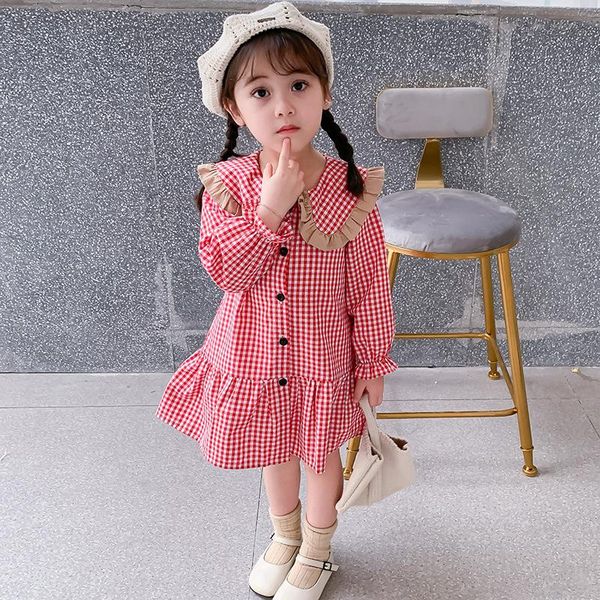 

girl's dresses 2021 girls autumn floral dress lapel plaid long-sleeved princess kids for children casual knee-length, Red;yellow