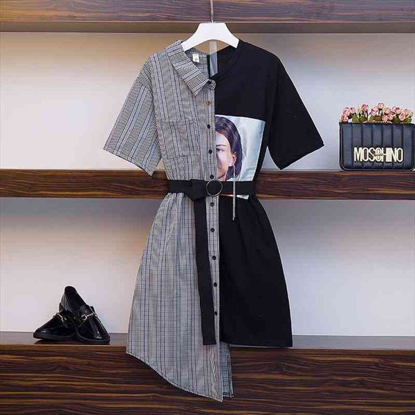 

summer women shirt dress fashion plaid patchwork character print with belt high waist irregular knee-length dresses, Black;gray