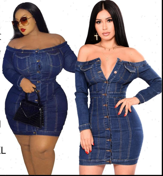 

chic design slash neck women dress bodycon denim autumn full single breasted slim waist plus size  5xl, Black;gray