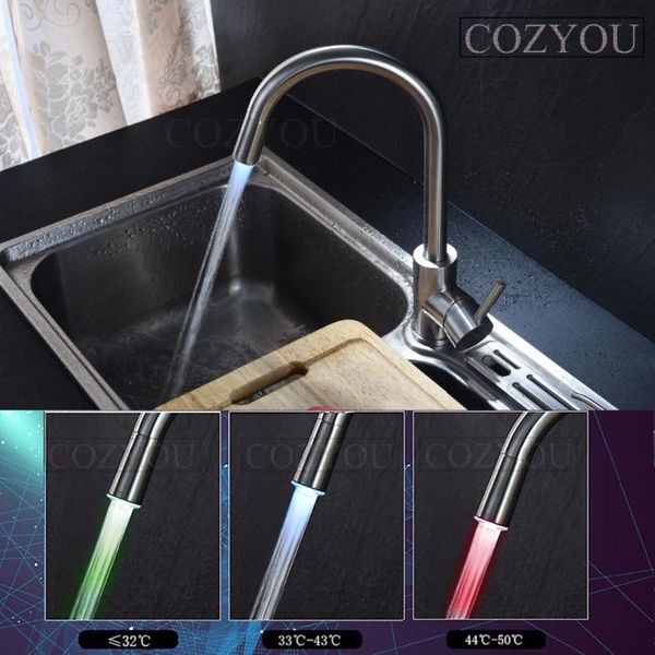 

kitchen faucets 3 colors led sus304 stainless steel mixing faucet, surface brush wire, single hole heat and cold water sink faucet