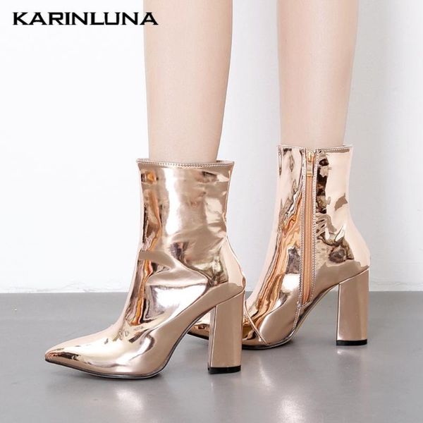

boots dropship 2021 brand women shoes pointed toe sliver gold square thick heels zipper ankle female1, Black