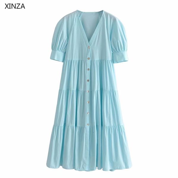

casual dresses women poplin pleated long summer short puff sleeve vintage party woman button up loose sky blue nyrf, Black;gray