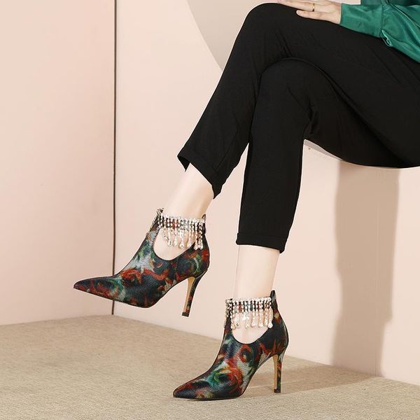 

dress shoes pointed high heels crystal beaded leather ladies single national printing stiletto women's color, Black