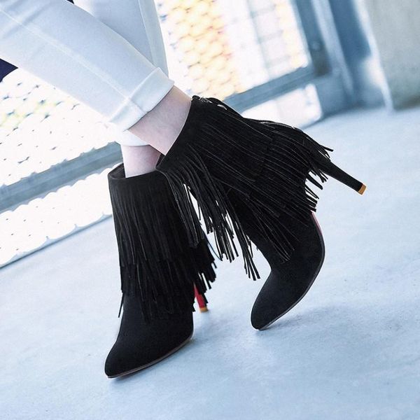 

boots oversized 12 women shoes ankle for ladies tassel back zipper, Black