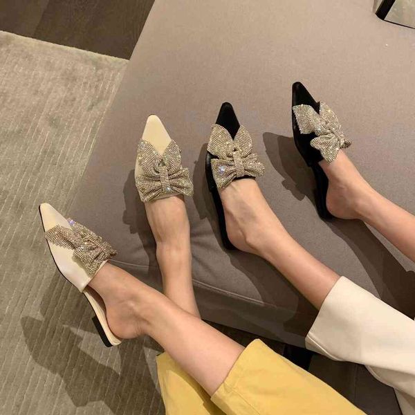 

slippers pointed toe women rhinestone big bow sandals slides flat heeled casual summer beach shoes woman size 35-39 0078, Black