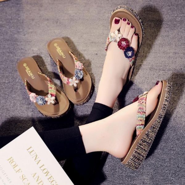 

slippers 2021 women handmade shoes flower flip-flops platform fashion casual outdoor beach non-slip, Black