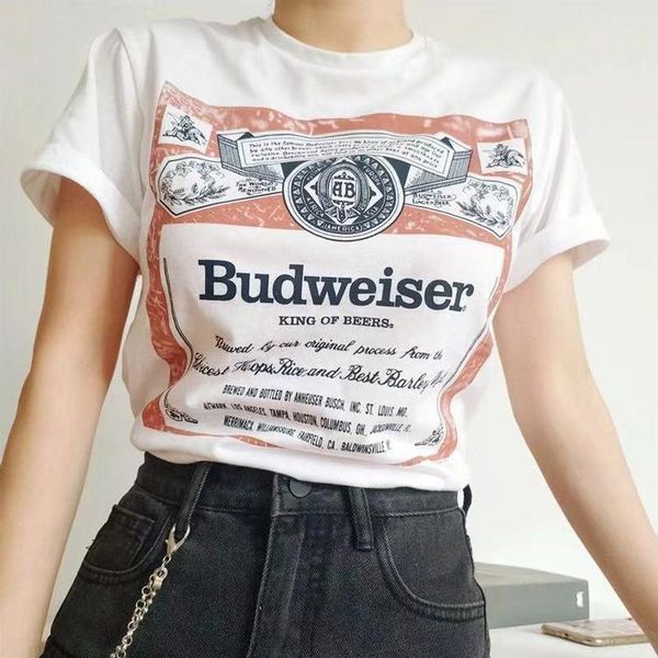 T-shirt das mulheres Budweiser Imprimir Branco Vintage Elegante Oversized T Camiseta Mulheres Manga Curta O Pescoço Solto Casual Tee Senhora Senhora Summer Drop