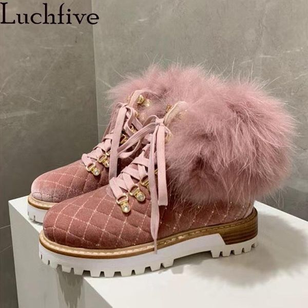 

boots 2021 winter snow women diamond suture crystal buckle design lace up flat ankle velvet hairy fur mujer, Black