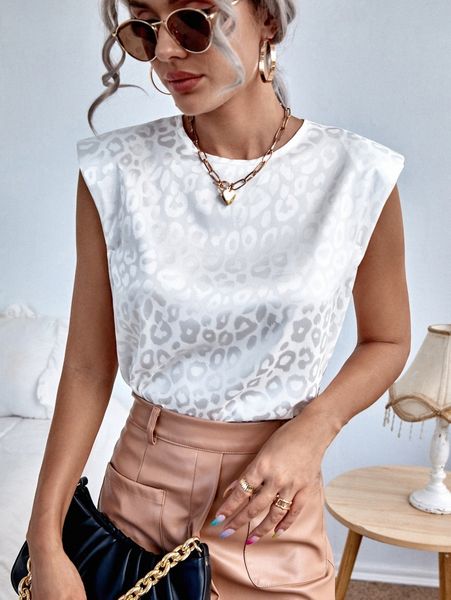 

leopard jacquard padded shoulder blouse m5aa#, White