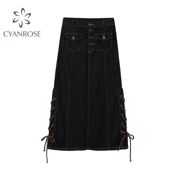 

black single breasted long denim skirt women autumn korean casual high waist pockets vintage lady solid a-line jeans 210515