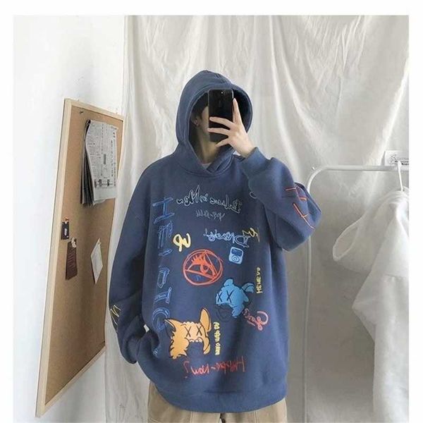 

autumn 2020 new large cartoon graffiti printed sweater men's hooded fashion brand loose casual coat, Black