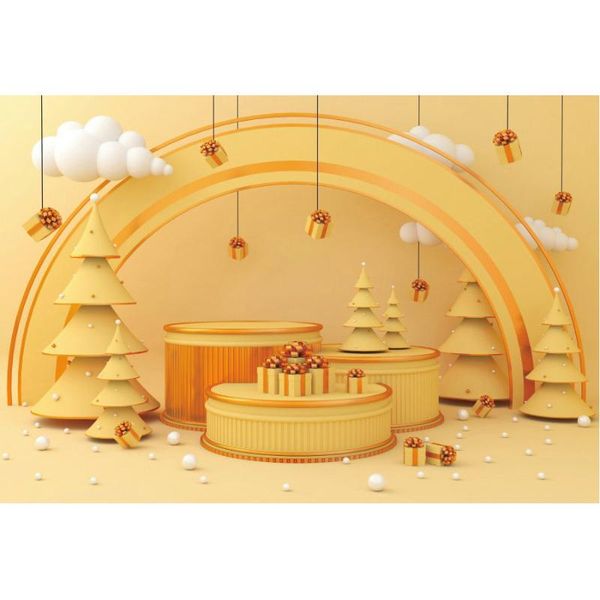 Decoração de festa de Natal Caso -pano de fundo amarelo Caixa de presente de árvore nuvens de pografia Backgry Family Po Booth Studio adereços