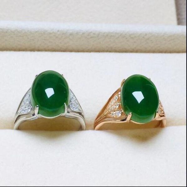 

cluster rings natural green hetian jade 925 silver ring hand carved crafts gifts for women men fashion charm jewelry, Golden;silver