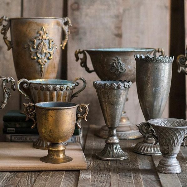 

vintage old wrought iron vase flower home furnishing golden silver european pot goblet classical floral decoration vases