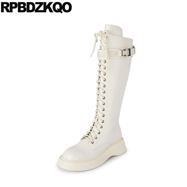 

boots flatform biker comfortable motorcycle wedge lace up shoes trending round toe side zip white high heel muffin knee women, Black