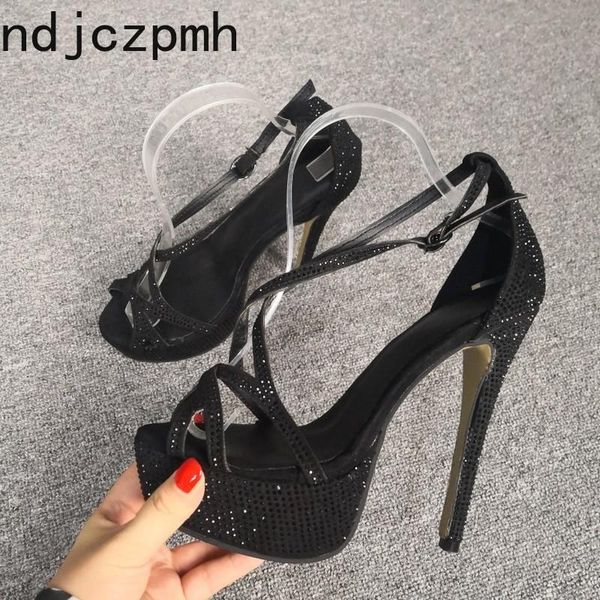 

dress shoes women's sandals the summer fashion fish mouth open toe buckle crystal fine heel high women plus size 35-47, Black