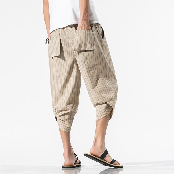 

men's pants summer casual trousers male loose calf-length pant oversized japan stripe men wide leg solid big pocket baggy, Black