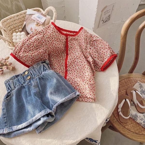 

clothing sets 2pcs wlg girls clothes kids coutfits summer red printed short sleeve shirt and denim shorts set baby girl, White