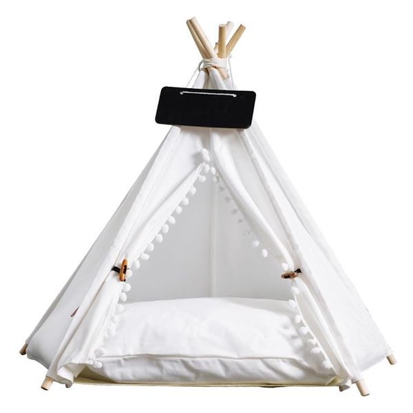 

kennels & pens white canvas pet cat dog teepee tent house bed set with cushion and blackboard removable washable, for pets up to 33lbs