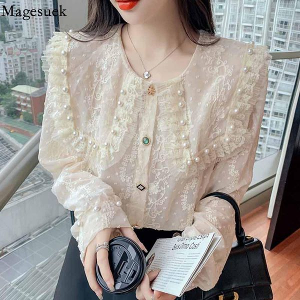 

women's blouses & shirts blouse 2021 fashion big lapel beading white long sleeve elegant flower with lace chiffon 16332