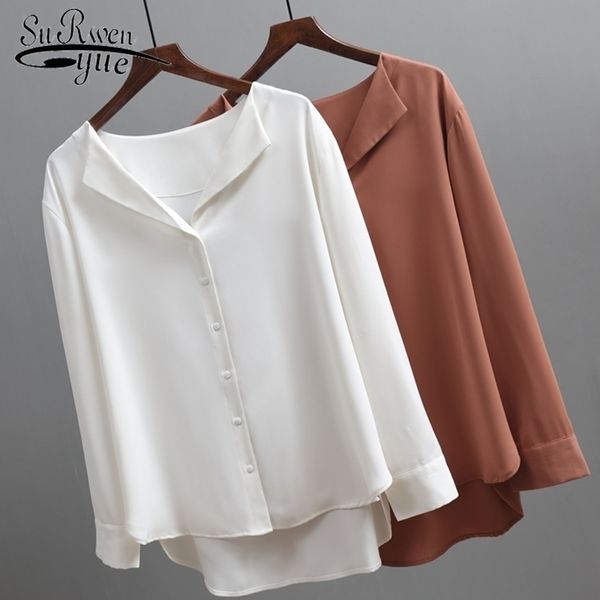 Moda manga longa chiffon blusa mulheres marrom branco camisas túnicas para mulheres escritório estilo seda camisa mulher blusa 5104 50 210410