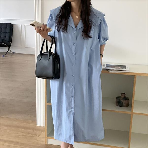 

[ewq] korean fairy temperature soft women dresses summer temperament lapel single breasted design loose puff sleeve shirt dress 16f1050, Black;gray