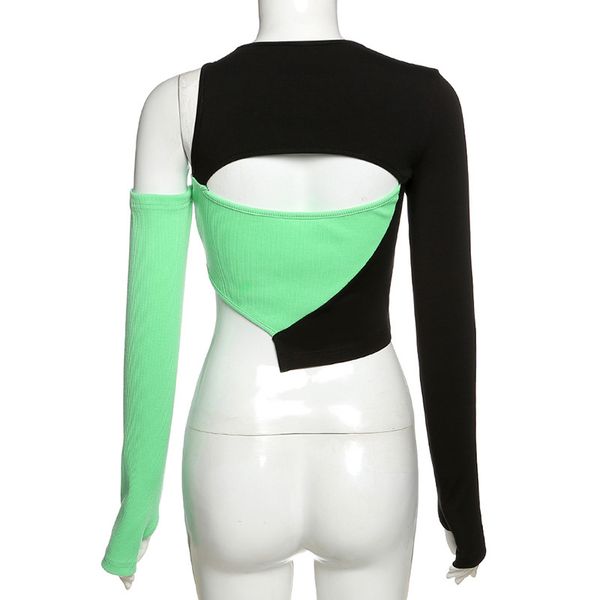 

allneon e-girl punk style open shoulder hollow out patchwork t-shirts y2k fashion o-neck long sleeve crop green partywear, White