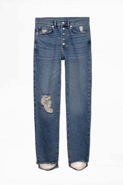 

women's jeans loose hole cotton women letters printed trousers straight, Blue