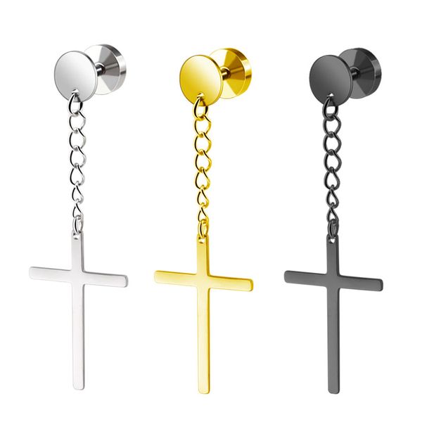 

korean version of stainless steel round barbell earrings men's chain cross ear stud women dumbbell trend jewelry punk, Golden;silver