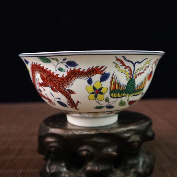 

chinese old porcelain pastel painting dragon and phoenix pattern bowl, Brown