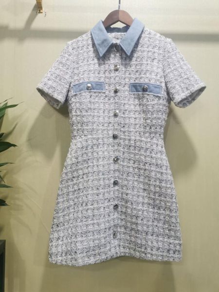 

french single elegant 2021 spring and summer cp small fragrance denim splicing dress casual dresses, Black;gray